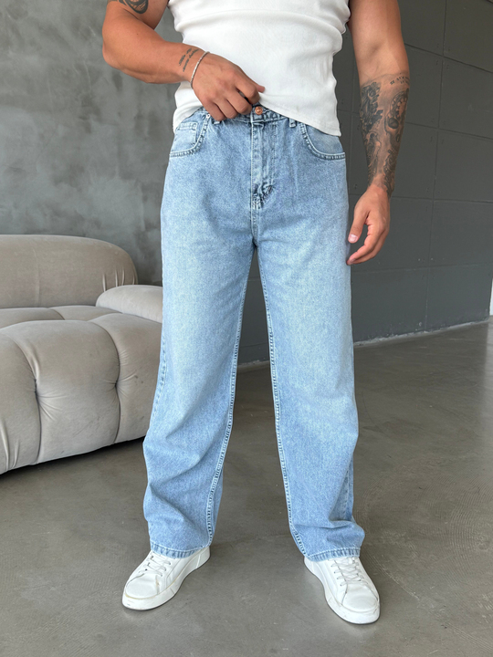 Buz Mavi Taşlamalı Baggy Kot Pantalon MOB
