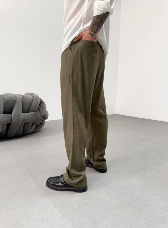 Haki Bol Kesim Baggy Keten Kumaş Pantolon SNZ 1002
