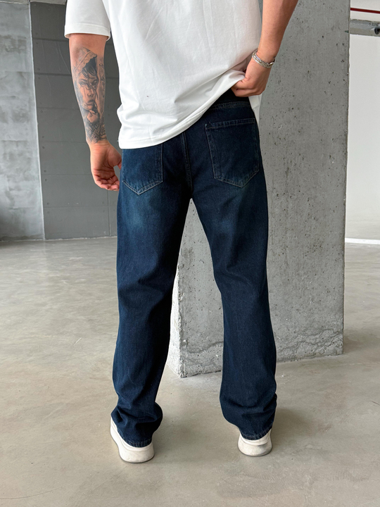 Lacivert Yeşil Taşlı Düz Baggy Kot Pantolon DM