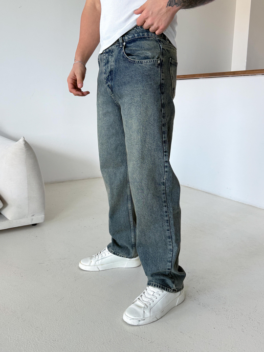 Mavi Taşlaması Yeşil Baggy Kot Pantalon 646-1
