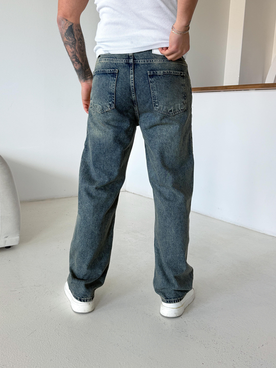 Mavi Taşlaması Yeşil Baggy Kot Pantalon 646-1