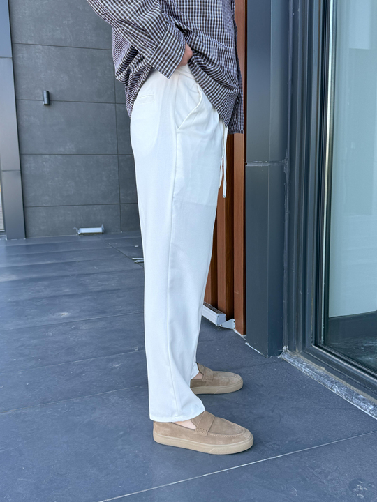 Beyaz Lastikli Bağcıklı Pamuk Bezayağı Regular Fit Kumaş Pant snz 1265