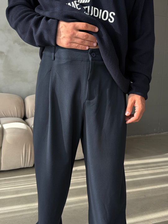 Lacivert Gramajlı Kore Kalıp Kumaş Pantalon KN4600