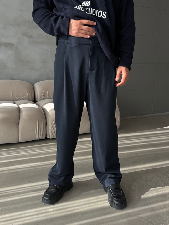 Lacivert Gramajlı Kore Kalıp Kumaş Pantalon KN4600