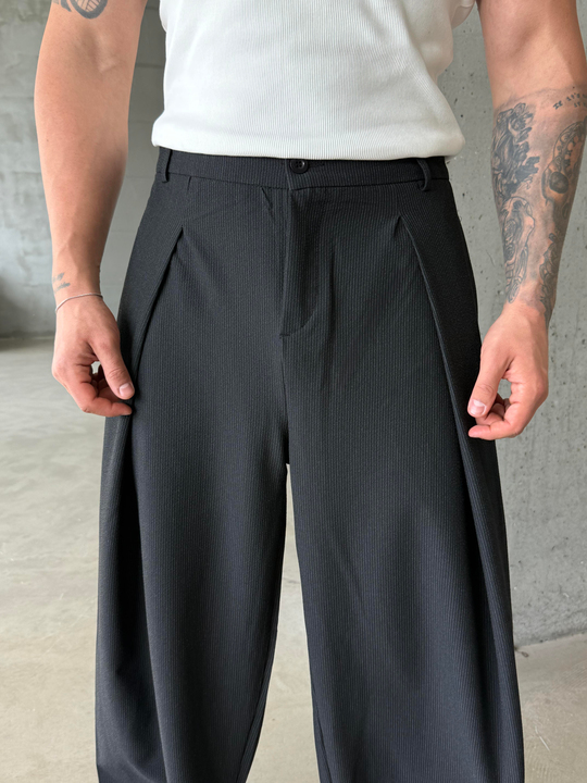 Siyah Kore Kalıp Çizgili Kumaş Pantalon SNZ 1455