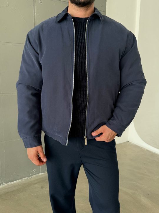 Lacivert Yakalı Fileto Cepli Gabardin Dolumlu Mont 6340