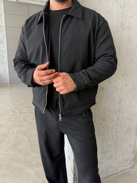 Siyah Elegant Düz Basic Yakalı Dolumlu Mont ZG