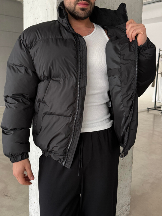Siyah Şişme Boyun Kadife Mont LNS 639