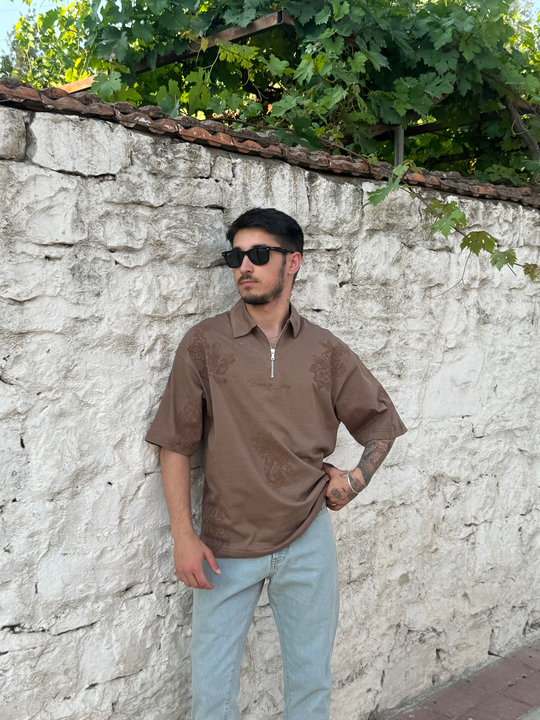 Taba Yarım Fermuarlı Motif Desenli Oversize Polo Yaka PNC 8138