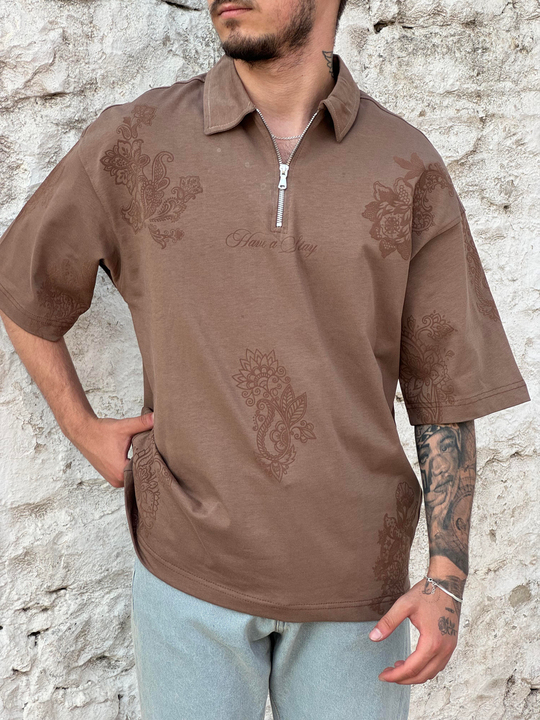 Taba Yarım Fermuarlı Motif Desenli Oversize Polo Yaka PNC 8138