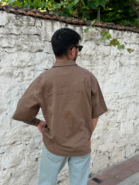 Taba Yarım Fermuarlı Motif Desenli Oversize Polo Yaka PNC 8138