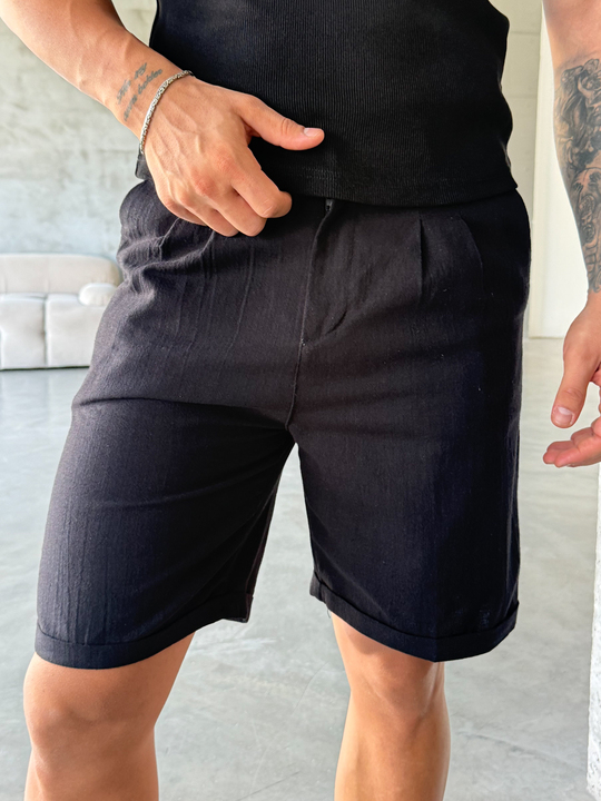 Siyah Keten Kemerli Regular Fit Şort SNZ 3977