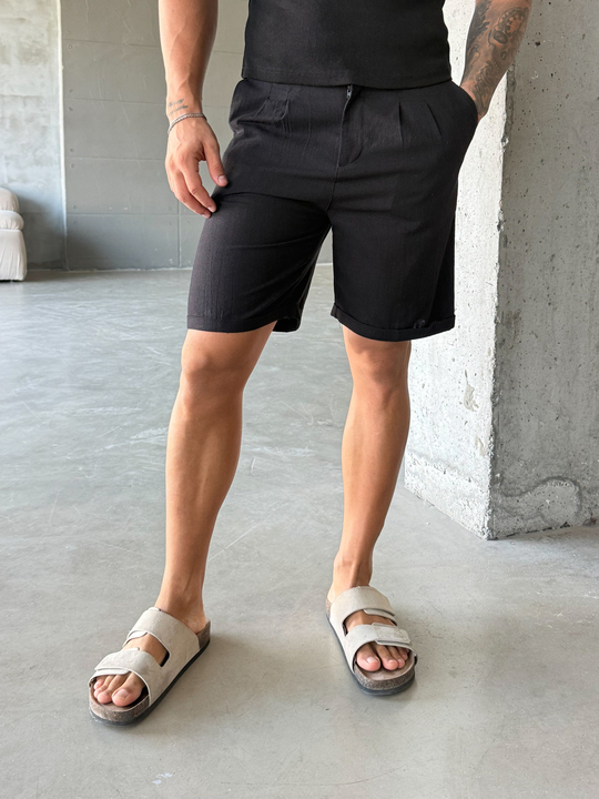Siyah Keten Kemerli Regular Fit Şort SNZ 3977