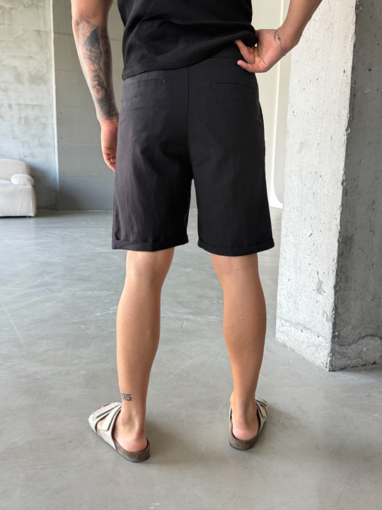 Siyah Keten Kemerli Regular Fit Şort SNZ 3977