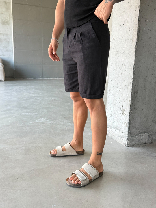 Siyah Keten Kemerli Regular Fit Şort SNZ 3977