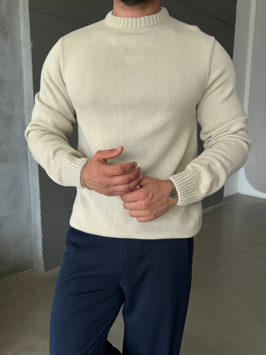 Bej Bisiklet Yaka Basic Oversize Kazak TB