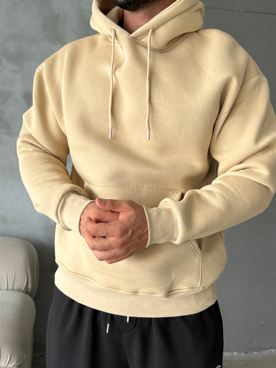 Bej Kangru Kapşonlu 3 İplik Hoodie Model 4