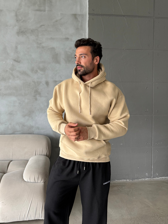 Bej Kangru Kapşonlu 3 İplik Hoodie Model 4