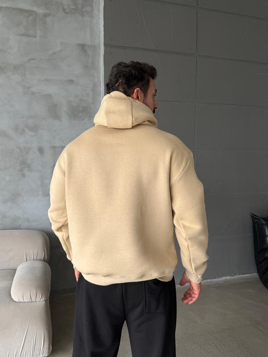 Bej Kangru Kapşonlu 3 İplik Hoodie Model 4