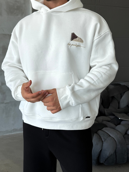 Beyaz Compak 3 İplik Halı Desenli Boxy Hoodie PLZ 27004