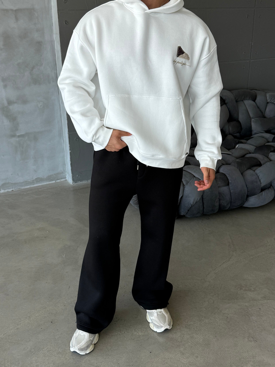 Beyaz Compak 3 İplik Halı Desenli Boxy Hoodie PLZ 27004