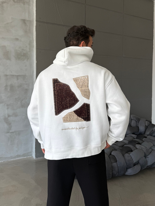 Beyaz Compak 3 İplik Halı Desenli Boxy Hoodie PLZ 27004