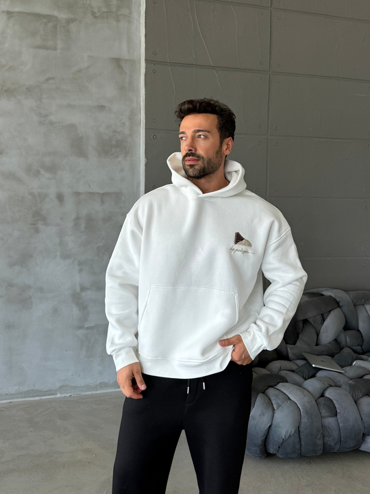 Beyaz Compak 3 İplik Halı Desenli Boxy Hoodie PLZ 27004