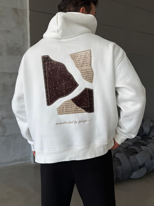 Beyaz Compak 3 İplik Halı Desenli Boxy Hoodie PLZ 27004
