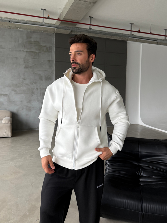 Beyaz Fermuarlı Kapşonlu 3 İplik Hoodie Model 16