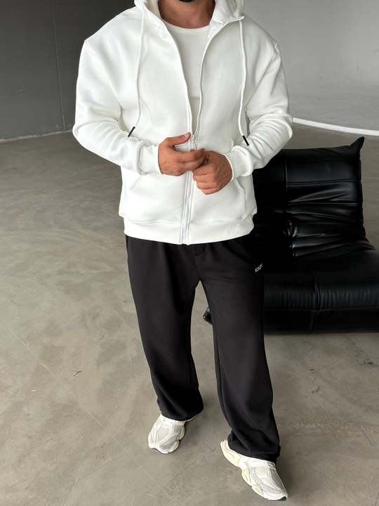 Beyaz Fermuarlı Kapşonlu 3 İplik Hoodie Model 16