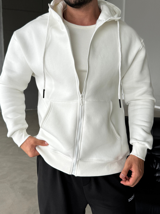 Beyaz Fermuarlı Kapşonlu 3 İplik Hoodie Model 16