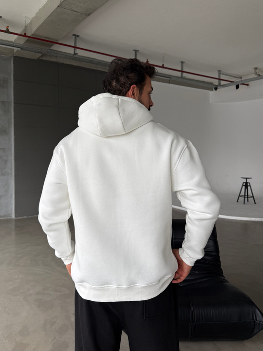Beyaz Fermuarlı Kapşonlu 3 İplik Hoodie Model 16