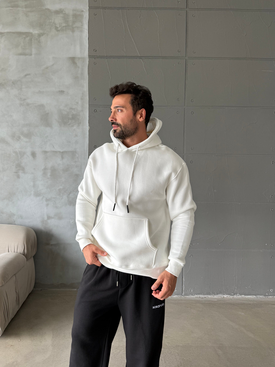 Beyaz Kangru Kapşonlu 3 İplik Hoodie Model 4