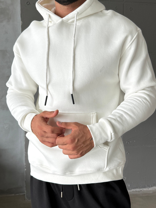 Beyaz Kangru Kapşonlu 3 İplik Hoodie Model 4