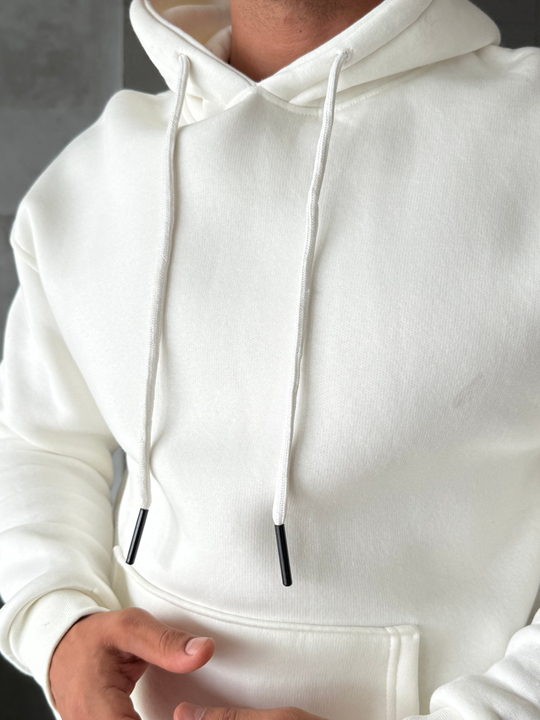 Beyaz Kangru Kapşonlu 3 İplik Hoodie Model 4