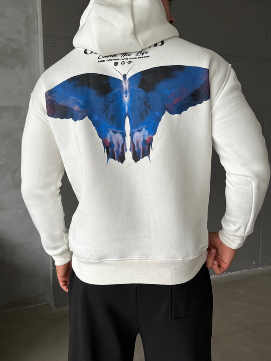 Beyaz Kangru Kapşonlu Butterfly 3 İplik Hoodie Model 10