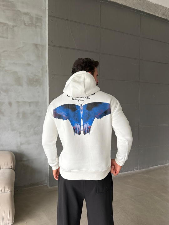 Beyaz Kangru Kapşonlu Butterfly 3 İplik Hoodie Model 10