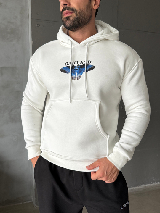 Beyaz Kangru Kapşonlu Butterfly 3 İplik Hoodie Model 10