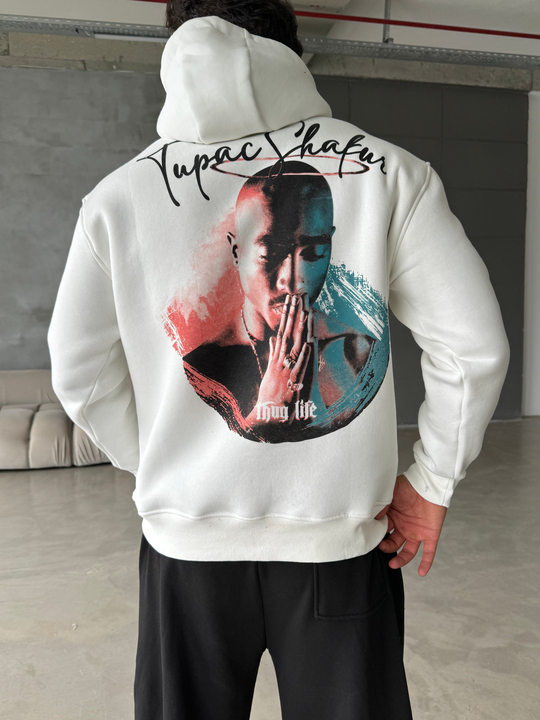 Beyaz Kangru Kapşonlu Thug 3 İplik Hoodie Model 14