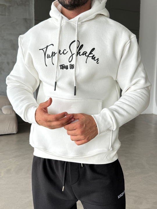 Beyaz Kangru Kapşonlu Thug 3 İplik Hoodie Model 14