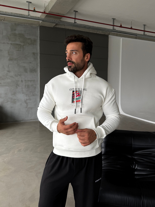 Beyaz Kangru Kapşonlu To Life 3 İplik Hoodie Model 11