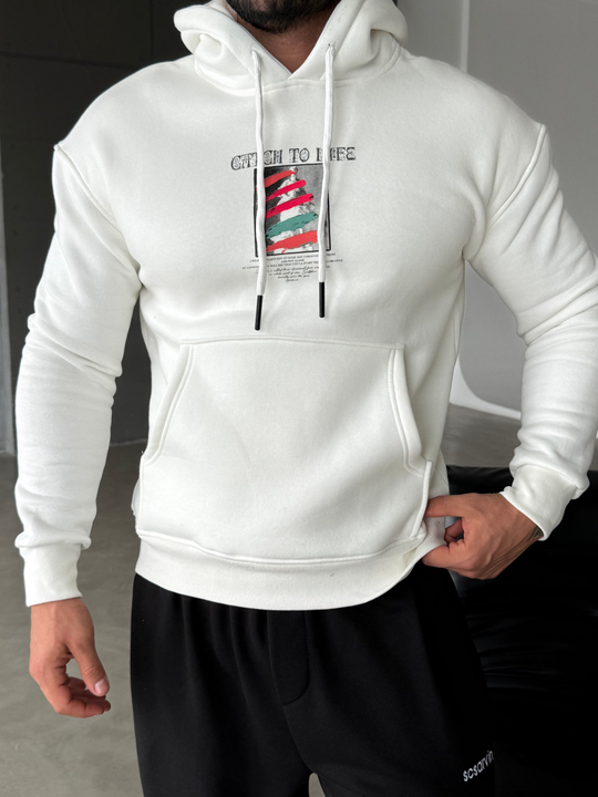 Beyaz Kangru Kapşonlu To Life 3 İplik Hoodie Model 11
