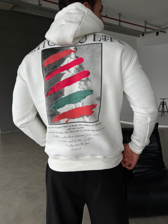 Beyaz Kangru Kapşonlu To Life 3 İplik Hoodie Model 11