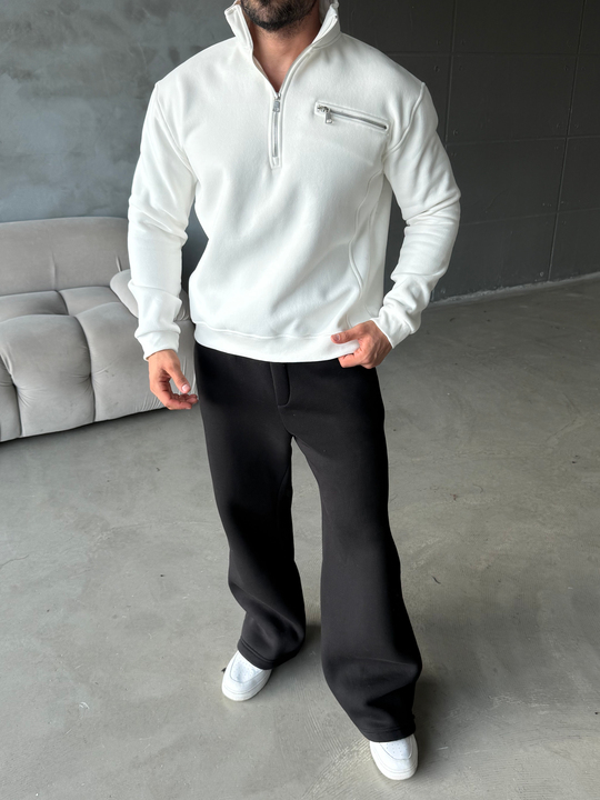 Beyaz Yüksek Yaka Göğüs Fermuarlı Boxy Sweatshirt SNZ 5109