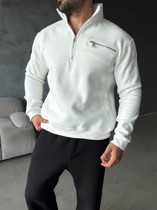Beyaz Yüksek Yaka Göğüs Fermuarlı Boxy Sweatshirt SNZ 5109