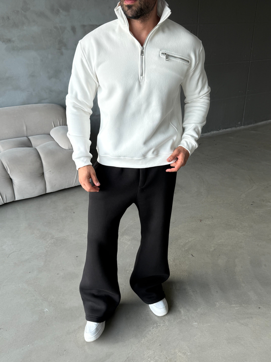 Beyaz Yüksek Yaka Göğüs Fermuarlı Boxy Sweatshirt SNZ 5109