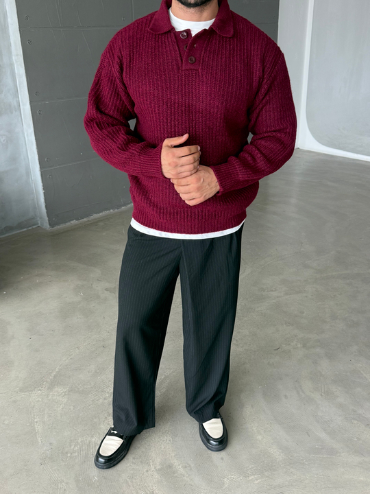 Bordo Polo Yaka Şardonlu Düğmeli Boxy Kazak SNZ 1011