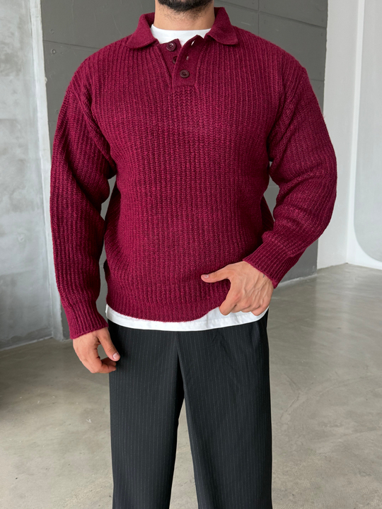 Bordo Polo Yaka Şardonlu Düğmeli Boxy Kazak SNZ 1011