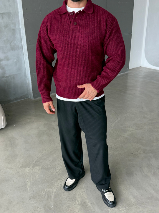 Bordo Polo Yaka Şardonlu Düğmeli Boxy Kazak SNZ 1011