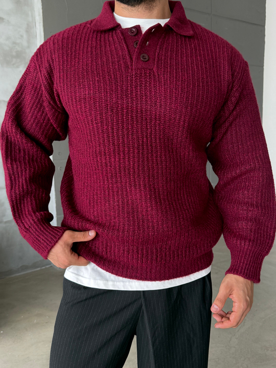 Bordo Polo Yaka Şardonlu Düğmeli Boxy Kazak SNZ 1011